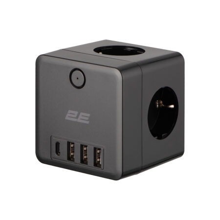 2E Power adapter with surge protection, 3xTypeF, 16A, 2xUSB-A, 1x USB-C, black