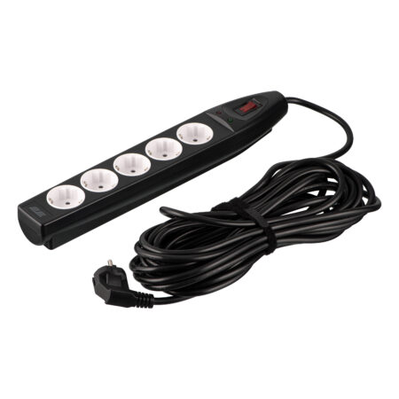2E Power strip with surge protection, 10m, 5xTypeF, 16A, black