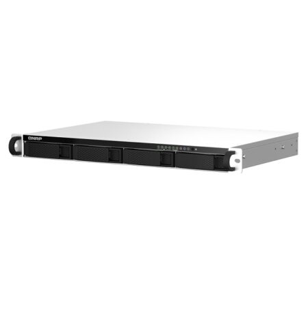 4-bay 1U short depth 12" rackmount NAS, Intel Celeron N5105/N5095 quad-core, burst up to 2.9 GHz; 4GB RAM (2 x SODIMM slots, max 16GB total); 4 x 3.5"/2.5" SATA 6Gb/s drive bays; 2 x M.2 PCIe Gen3 x1
